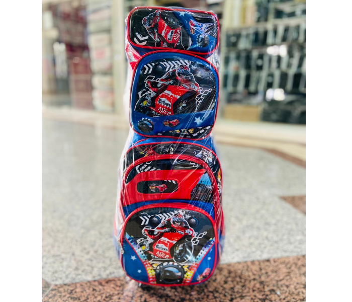 3 Piece Racing Bike Printed Nylon Wheeled School Bag Set - Blue and black - Zoom Image