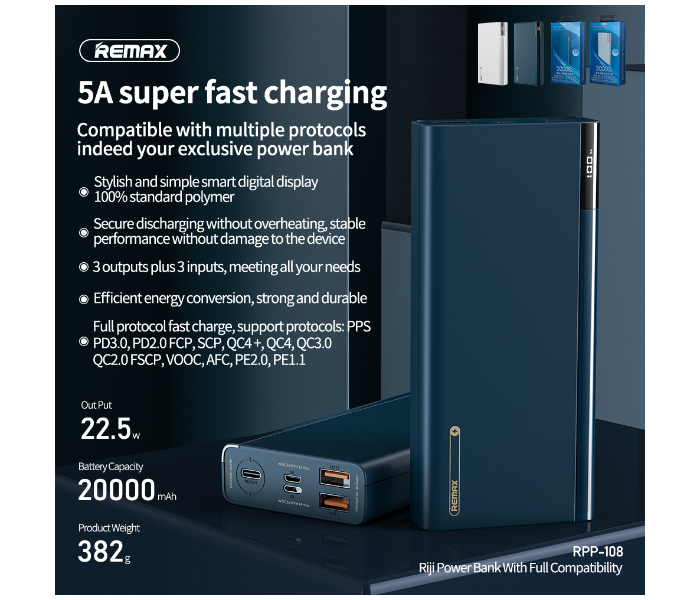 Remax RPP-108 Riji Serie 20000mAh 22.5W 3 USB Fast Charging Power Bank - Blue - Zoom Image 3