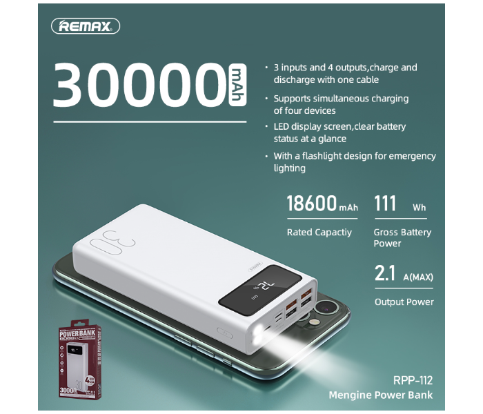 Remax RPP-112 Mengine Series 30000mAh 4 USB Power Bank - White - Zoom Image 2