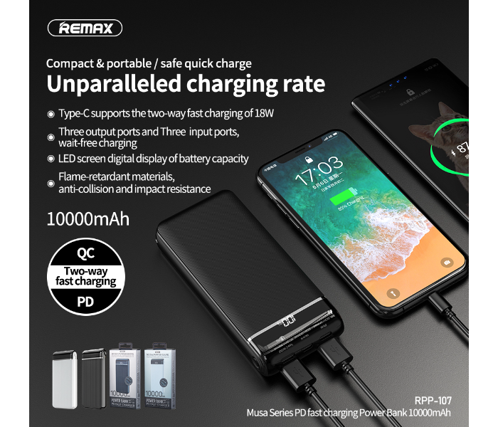 Remax RPP-107 Musa 10000mAh 18W 2 USB Two-way PD Fast Charging Power Bank - White - Zoom Image 3