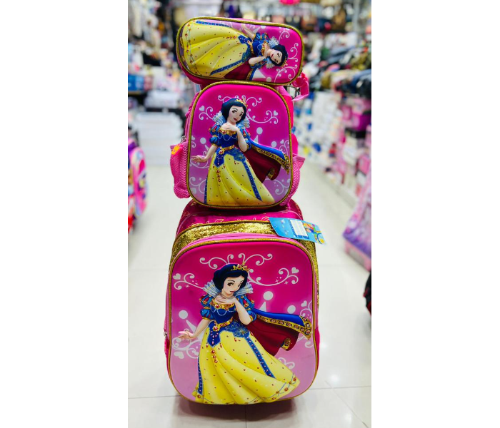 3 Piece Snow White Printed Nylon Wheeled School Bag Set - Pink - Zoom Image