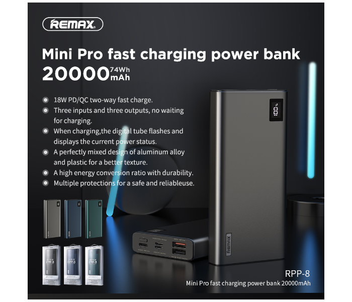 Remax RPP-8 Mini Pro 20000mAh 18W 3 USB Fast Charging Power Bank - Dark Grey - Zoom Image 2