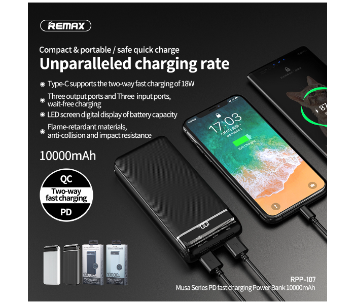 Remax RPP-107 Musa 10000mAh 18W 2 USB Two-way PD Fast Charging Power Bank - Black - Zoom Image 3