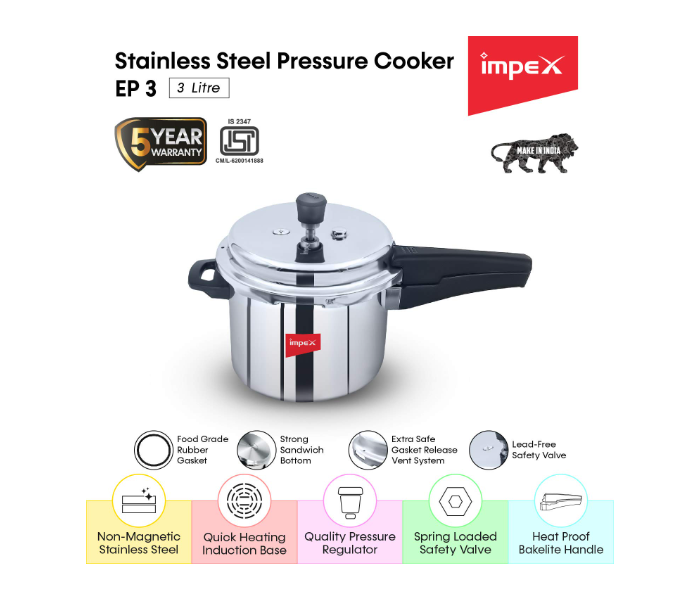 Impex EP 3 3Liter Induction Base High Grade Stainless Steel Pressure Cooker -Silver - Zoom Image 2