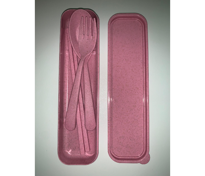 Wheat Straw Medium Plastic Case With Fancy Cutleries -Pink - Zoom Image