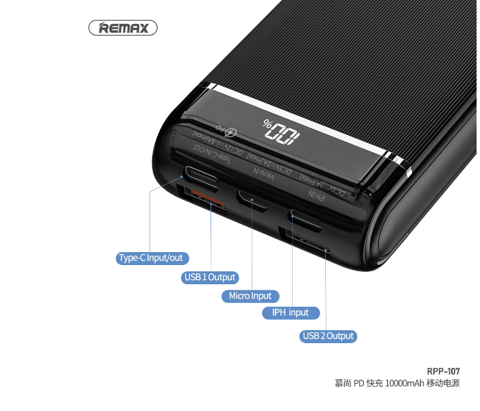 Remax RPP-107 Musa 10000mAh 18W 2 USB Two-way PD Fast Charging Power Bank - Black - Zoom Image 2