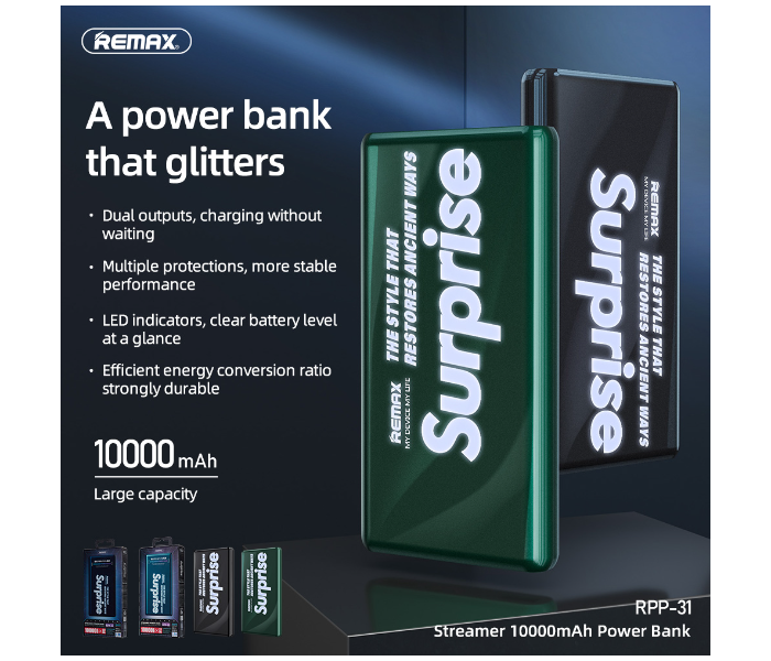 Remax RPP-31 Streamer Series 10000mAh 2 USB Power Bank - Green - Zoom Image 2