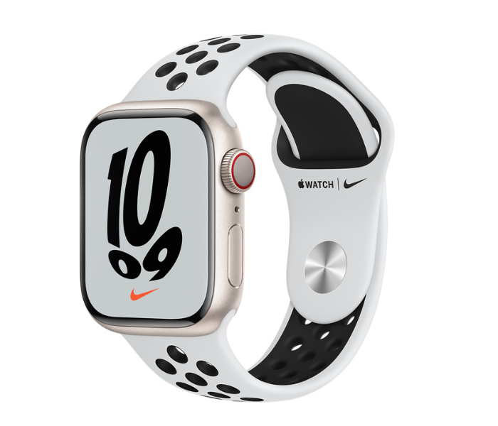 Apple Watch Series 7 GPS and Cellular 41mm Starlight Aluminum Case with Pure Platinum Black Nike Sport Band - Zoom Image 1