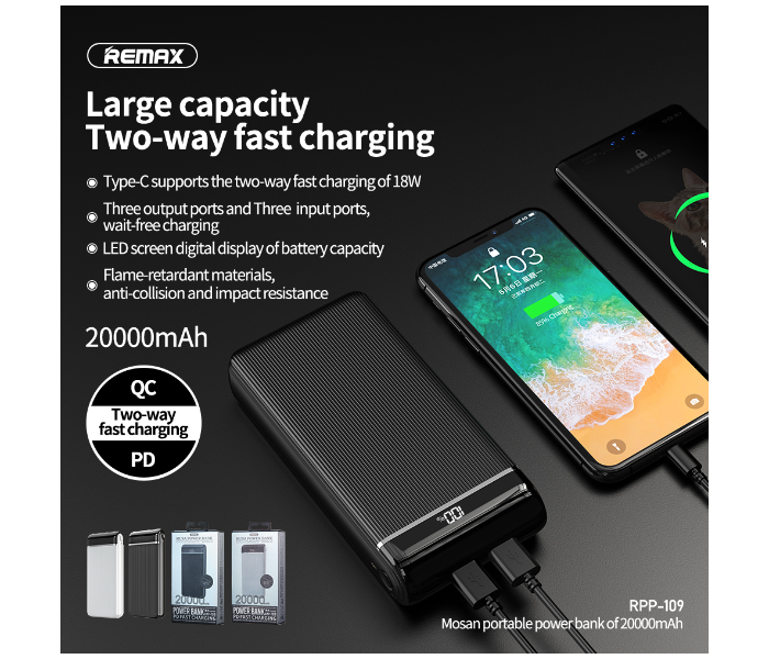 Remax RPP-109 Musa 20000mAh 18W 2 USB Two-way PD Fast Charging Power Bank - Black - Zoom Image 3