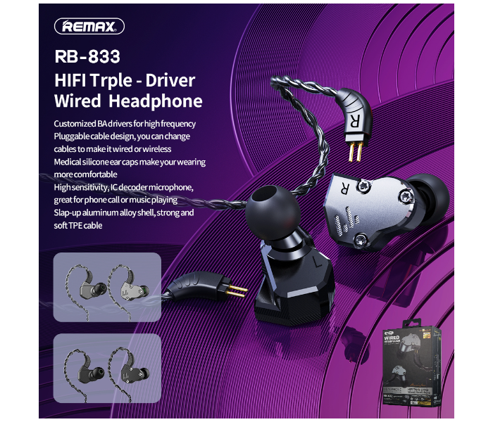 Remax RM-833 HIFI Triple-Driver Wired Headphone - Black - Zoom Image 2