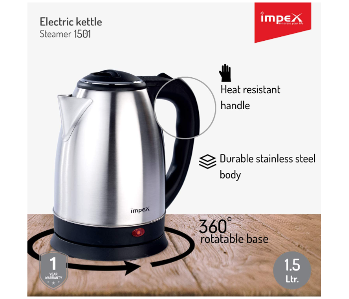 Impex Steamer 1501 1500W 1.5 Litres Stainless Steel Electric Kettle - Black and Silver - Zoom Image 3