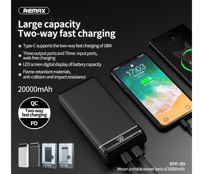 Remax RPP-109 Musa 20000mAh 18W 2 USB Two-way PD Fast Charging Power Bank - White - Zoom Image 3