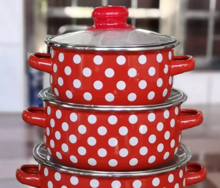 10 Piece Polka-Dot Enamel Pot Set with Glass Lid - Red and White - Zoom Image 3