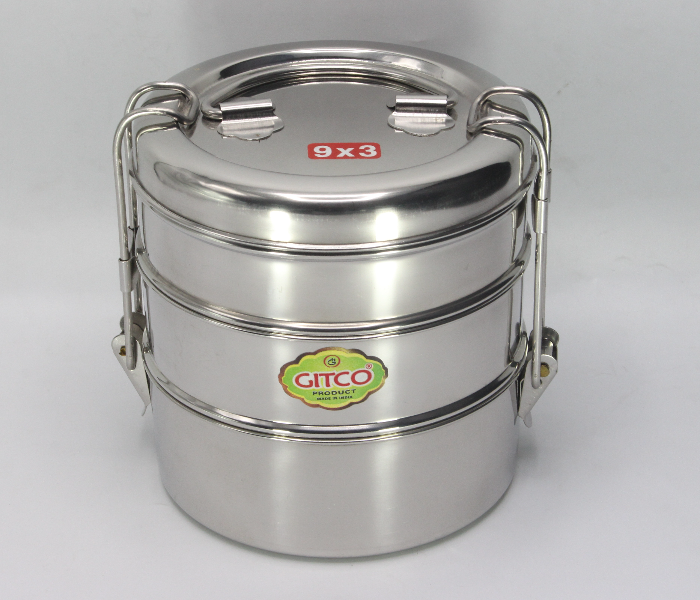 Gitco GIT1711 9x3 Steel Picnic Tiffin - Silver - Zoom Image