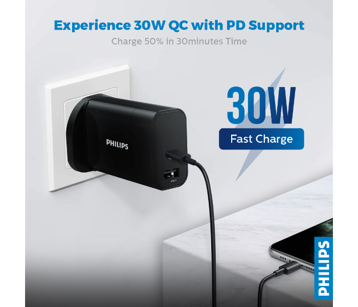 Philips DLP2621-05 30W Dual Port Wall Charger with Power Delivery Support -Black - Zoom Image 2