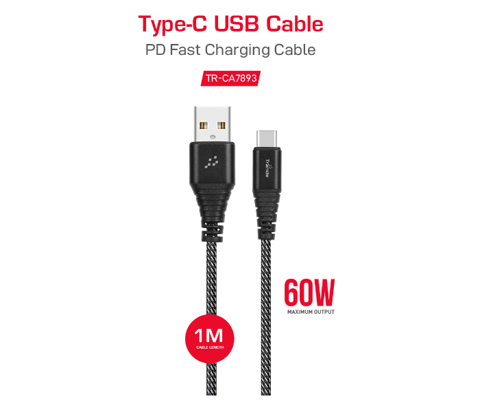 Trands TR-CA7893 60 Watts Double Braided Nylon Type-C to USB Cable - Black - Zoom Image 2