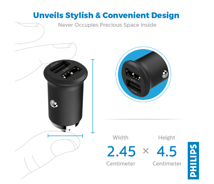 Philips DLP2520-00 Fast Charging 3.1A Dual Port USB Car Charger -Black - Zoom Image 3