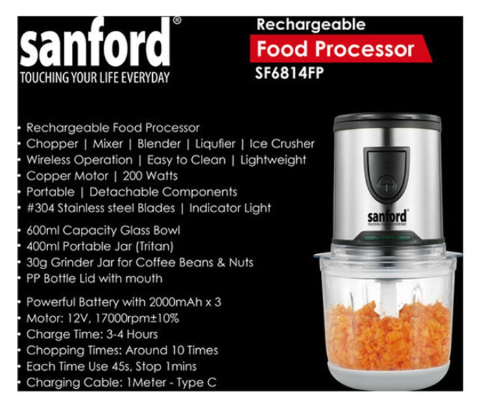 Sanford SF6814FP 5 In 1 25L 200 W Rechargeable Food Processor - Silver Black - Zoom Image 5