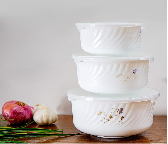 Royalford RF9831 3-Pieces Opalware Bowl Set with Lid - White - Zoom Image 5