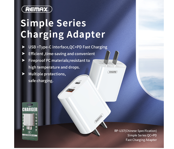 Remax RP-U37 Simple Series QC And PD Fast Charging Adapter - White - Zoom Image 3