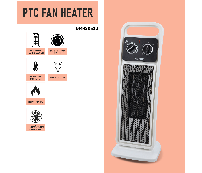 Geepas GRH28530 2000W Ceramic PTC Fan Heater with 2 Heat Settings - White - Zoom Image