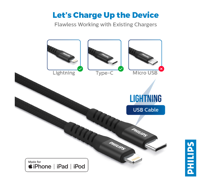 Philips DLC5206L-00 2meter USB-C to Lightning Braided Cable -Black - Zoom Image 3