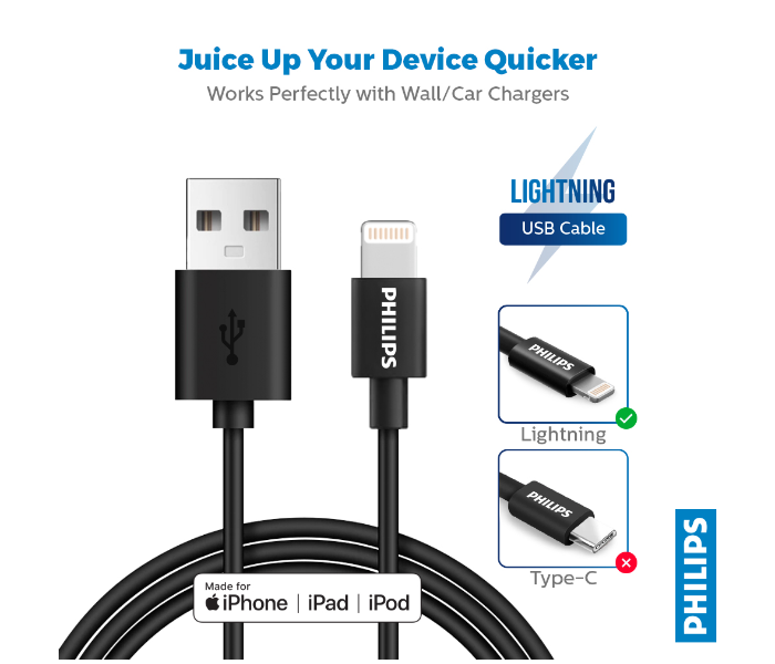 Philips DLC3104V-00 1.2meter USB-A to Lightning Cable -Black - Zoom Image 3