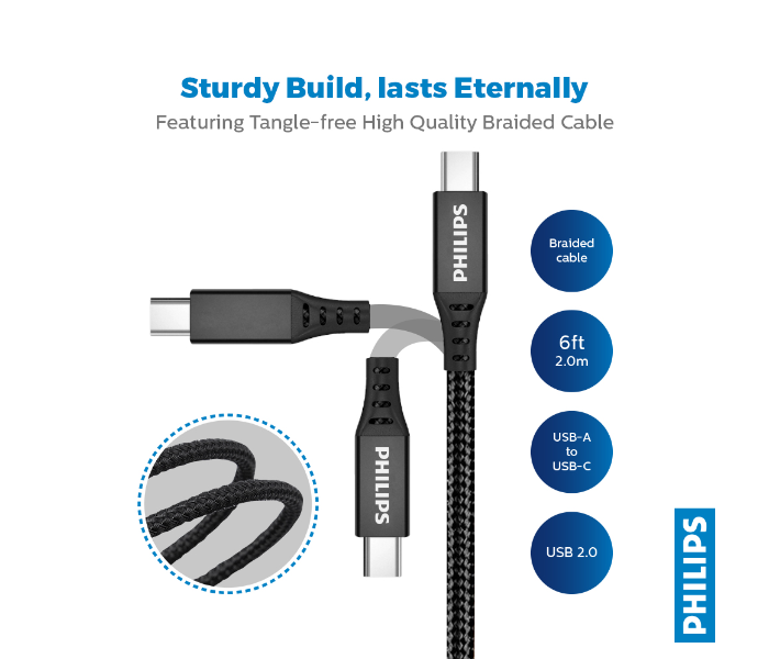 Philips DLC5206A-00 2 meter High-Speed Charging USB-A to USB-C Braided Cable -Black - Zoom Image 2