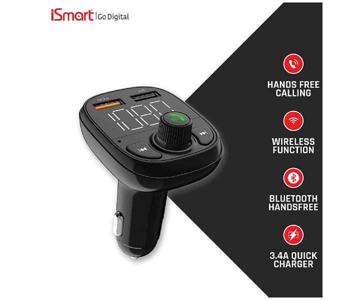 ISMART FM70 Wireless Multifunction Hands Free Calling Car FM Modulator - Black - Zoom Image 2