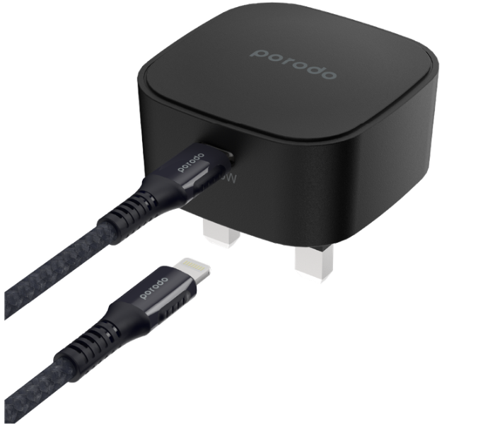 Porodo PD-FWCH004-L-BK 20W USB-C Super-Compact Fast Wall Charger with Built-in Protective Mechanism and Braided 1.2m Type-C to Lightning Cable - Black - Zoom Image