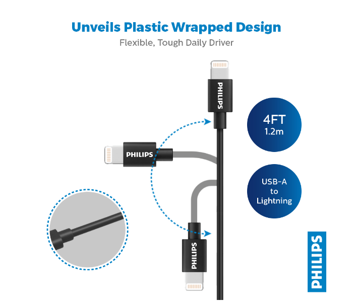 Philips DLC3104V-00 1.2meter USB-A to Lightning Cable -Black - Zoom Image 2