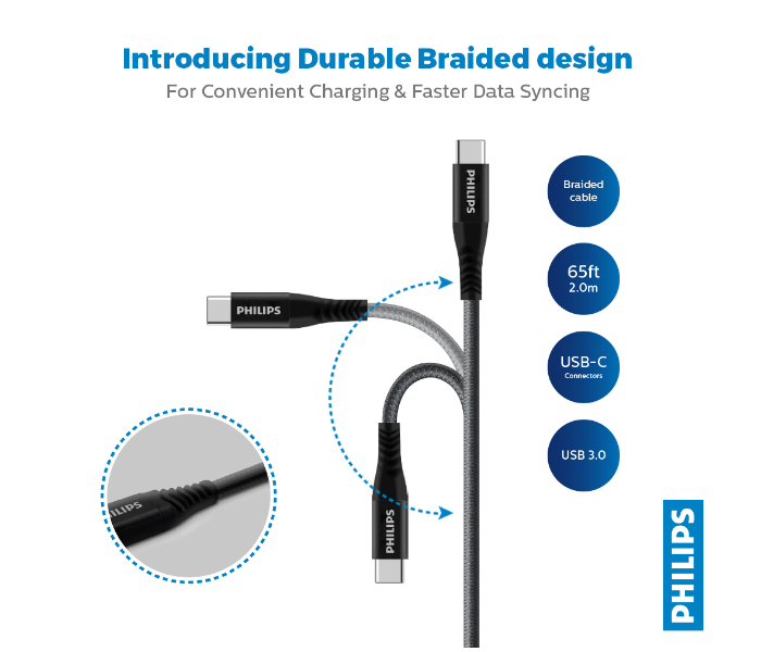 Philips DLC5206C-00 2meter USB-C 3.0 to USB-C Braided Cable -Black - Zoom Image 2