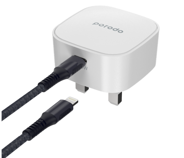 Porodo PD-FWCH004-L-WH 20W USB-C Super-Compact Fast Wall Charger with Built-in Protective Mechanism and Braided 1.2m Type-C to Lightning Cable - White - Zoom Image 1