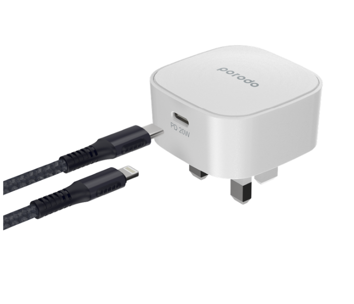 Porodo PD-FWCH004-L-WH 20W USB-C Super-Compact Fast Wall Charger with Built-in Protective Mechanism and Braided 1.2m Type-C to Lightning Cable - White - Zoom Image 2