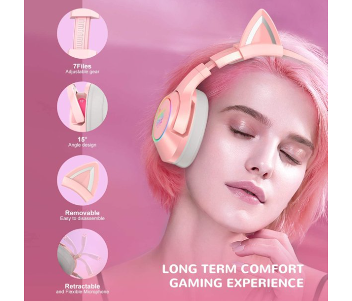 Onikuma K9 RGB LED Light and Noise Canceling Retractable Microphone Gaming Headset with Removable Cat Ears - Pink - Zoom Image 2