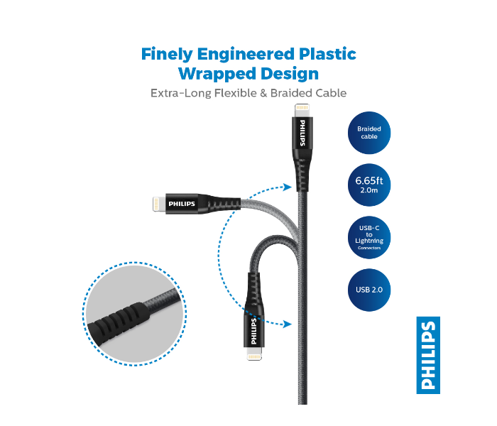 Philips DLC5206L-00 2meter USB-C to Lightning Braided Cable -Black - Zoom Image 2