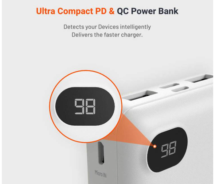 Porodo PD-PBFCH002-WH 10000mAh 4 Port Portable Type-C and Micro USB Power Bank with LED Digital Power Display- White - Zoom Image 2