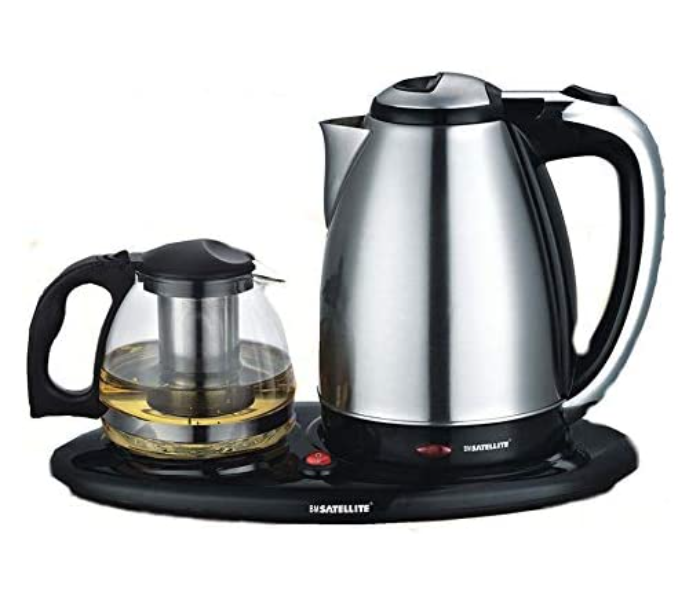 BM Satellite BM-9601 1.8 Liter Tea Tray with Stainless Steel Kettle and Glass Tea Pot Set - Black and Silver - Zoom Image 1