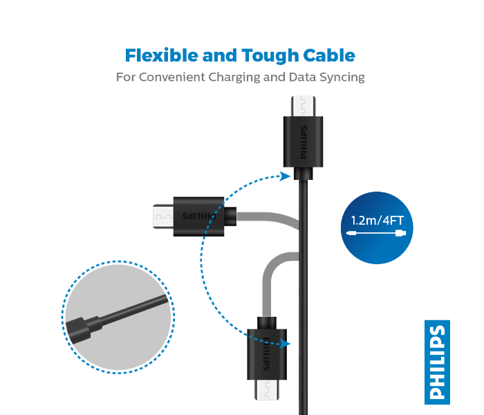 Philips DLC3104U-00 1.2meter USB-A to Micro USB Cable -Black - Zoom Image 2