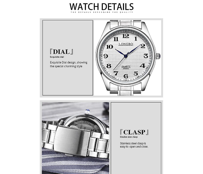 Longbo 80024 Casual Style Stainless Steel Strap Analog Quartz Couple Wrist Watch -Silver - Zoom Image 3