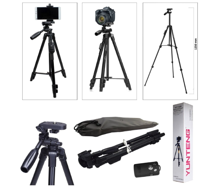 Yunteng VCT-5208 Tripod for Mobile Phones and Sports Cameras with Bluetooth Remote Control Shutter and Carry Case - Black - Zoom Image 1