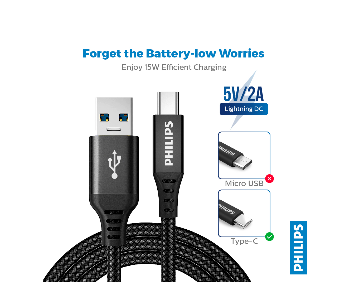 Philips DLC5206A-00 2 meter High-Speed Charging USB-A to USB-C Braided Cable -Black - Zoom Image 3