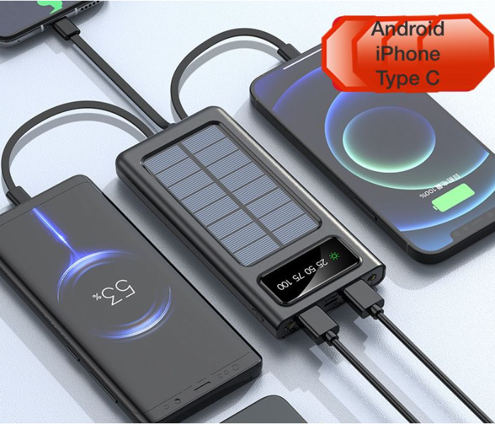 Zen 2 in 1 Portable 10000mAh USB and Solar Energy Power Bank with Direct Attached Output Cable for Android Type C and iPhone - Black - Zoom Image 4