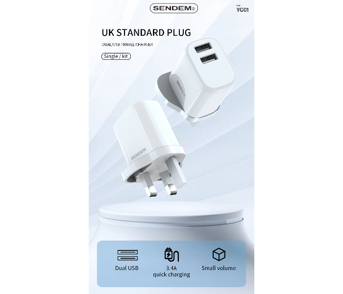 Sendem 3.4A UK Standard 3 Pin Wall Fast Charger and Micro Type C USB Cable Set - White - Zoom Image 2