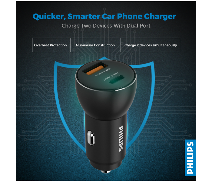 Philips DLP2521-00 36W Dual Port USB Car Charger with Power Delivery Support -Black - Zoom Image 2