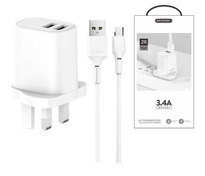 Sendem 3.4A UK Standard 3 Pin Wall Fast Charger and Micro Type C USB Cable Set - White - Zoom Image 5