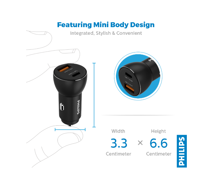 Philips DLP2521-00 36W Dual Port USB Car Charger with Power Delivery Support -Black - Zoom Image 3