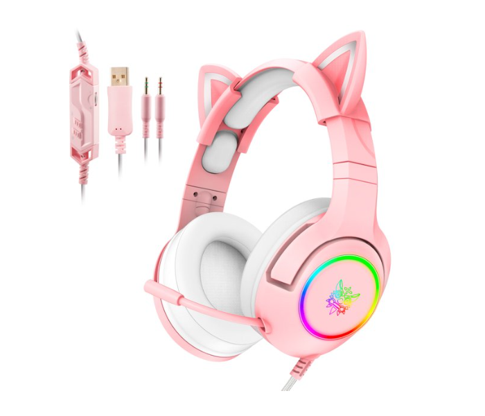 Onikuma K9 RGB LED Light and Noise Canceling Retractable Microphone Gaming Headset with Removable Cat Ears - Pink - Zoom Image 1