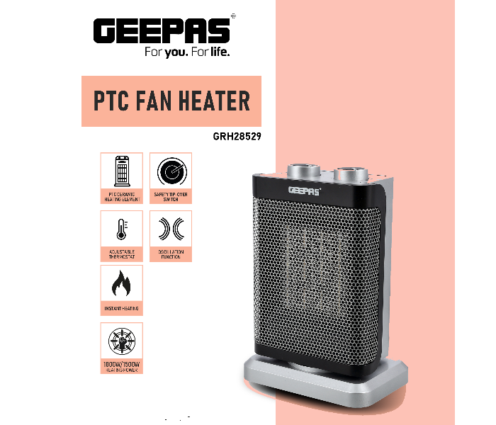 Geepas GRH28529 1500Watts Cearmic PTC Fan Heater with 2 Heat Settings - Silver - Zoom Image