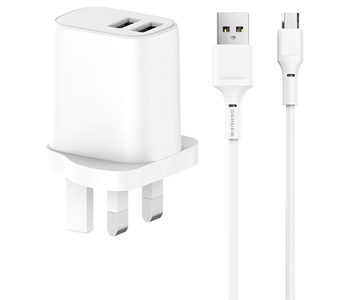 Sendem 3.4A UK Standard 3 Pin Wall Fast Charger and Micro Type C USB Cable Set - White - Zoom Image 1